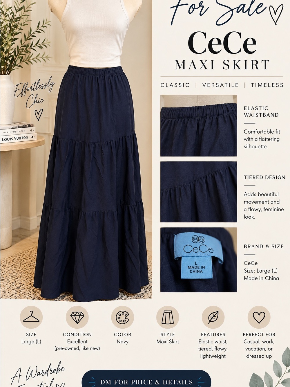 CeCe Navy Tiered Maxi Skirt